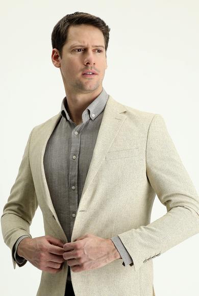 Erkek Giyim - ORTA BEJ 48 Beden Slim Fit Klasik Desenli Keten Ceket