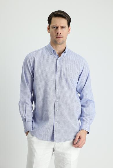 Erkek Giyim - SAKS MAVİ 4X Beden Uzun Kol Slim Fit Desenli Gömlek