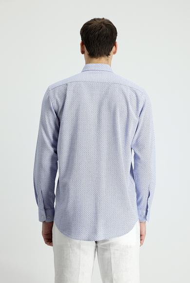 Erkek Giyim - SAKS MAVİ 4X Beden Uzun Kol Slim Fit Keten Görünümlü Desenli Gömlek