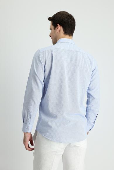 Erkek Giyim - KOYU MAVİ 5X Beden Uzun Kol Slim Fit Keten Görünümlü Desenli Gömlek