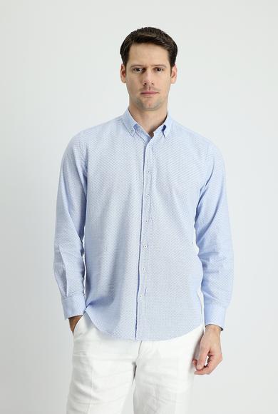 Erkek Giyim - KOYU MAVİ 5X Beden Uzun Kol Slim Fit Keten Görünümlü Desenli Gömlek