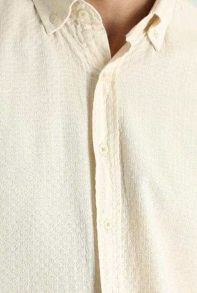 Erkek Giyim - AÇIK BEJ 4X Beden Uzun Kol Slim Fit Keten Görünümlü Desenli Gömlek