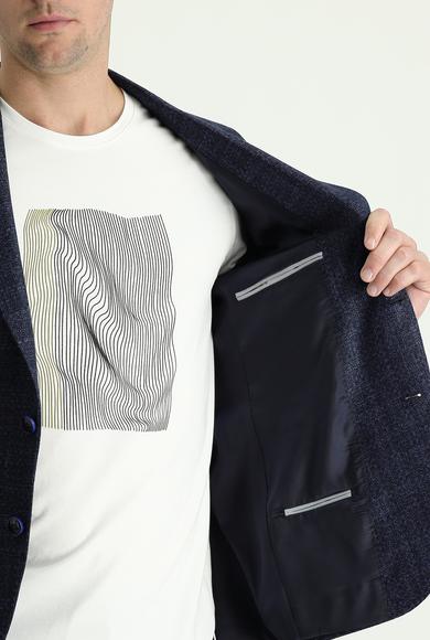 Erkek Giyim - ORTA LACİVERT 50 Beden Slim Fit Desenli Keten Ceket