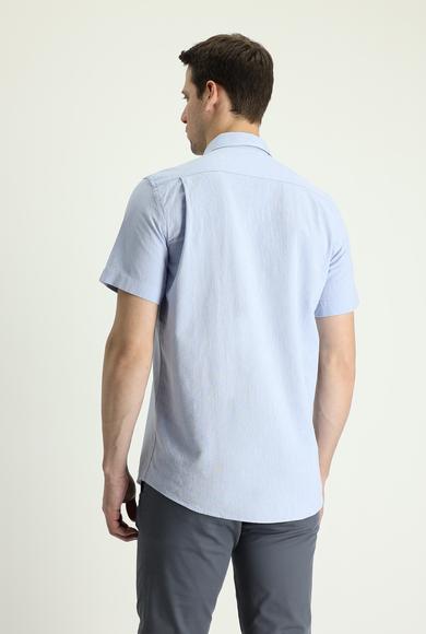 Erkek Giyim - AÇIK MAVİ 3X Beden Kısa Kol Regular Fit Keten Gömlek