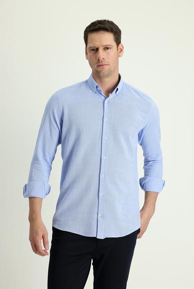 Erkek Giyim - AÇIK MAVİ XL Beden Uzun Kol Slim Fit Desenli Spor Gömlek