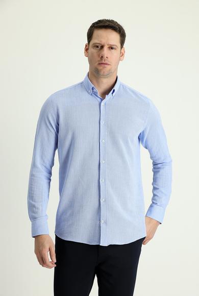 Erkek Giyim - AÇIK MAVİ XL Beden Uzun Kol Slim Fit Desenli Spor Gömlek