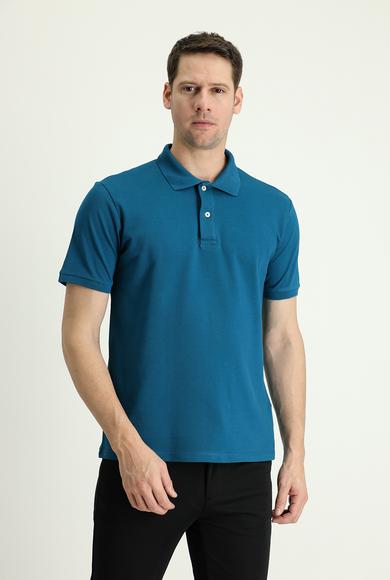 Erkek Giyim - ORTA PETROL M Beden Polo Yaka Regular Fit Nakışlı Tişört