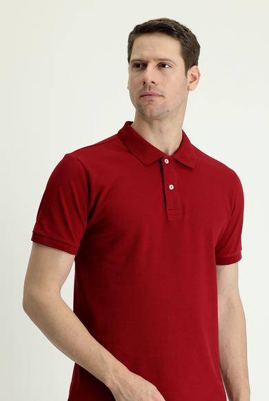 Erkek Giyim - KOYU KIRMIZI L Beden Polo Yaka Slim Fit Nakışlı Tişört
