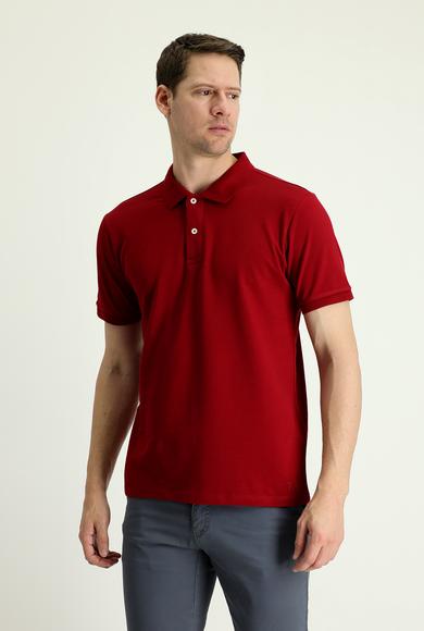 Erkek Giyim - KOYU KIRMIZI 3X Beden Polo Yaka Slim Fit Nakışlı Tişört
