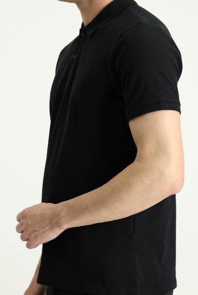 Erkek Giyim - Siyah 3X Beden Polo Yaka Slim Fit Nakışlı Tişört
