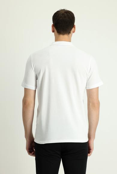 Erkek Giyim - Beyaz 3X Beden Polo Yaka Slim Fit Nakışlı Tişört