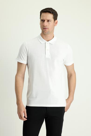 Erkek Giyim - Beyaz 3X Beden Polo Yaka Slim Fit Nakışlı Tişört