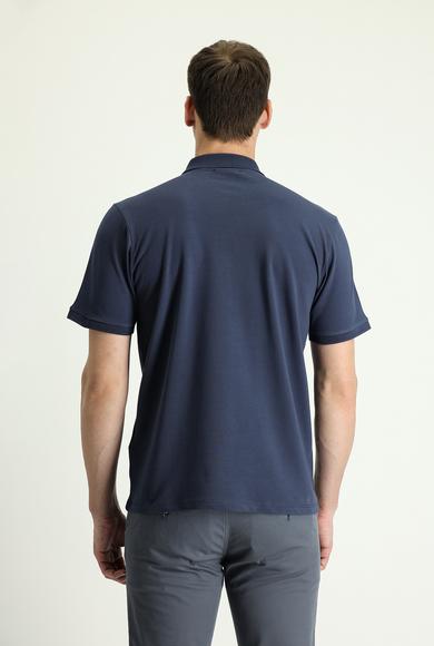 Erkek Giyim - ORTA LACİVERT 7X Beden Polo Yaka Regular Fit Nakışlı Tişört