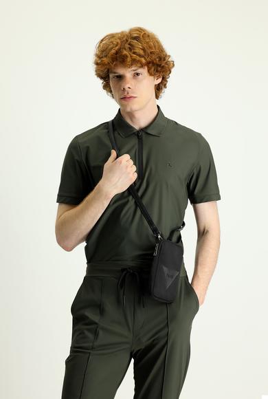 Erkek Giyim - ORTA HAKİ XXL Beden Techno-Line Polo Yaka Slim Fit Fermuarlı Tişört