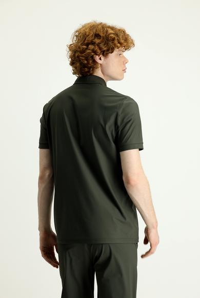 Erkek Giyim - ORTA HAKİ XXL Beden Techno-Line Polo Yaka Slim Fit Fermuarlı Tişört