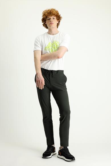 Erkek Giyim - ASKER HAKİ 44 Beden Techno-Line Slim Fit Beli Lastikli İpli Klasik Pantolon