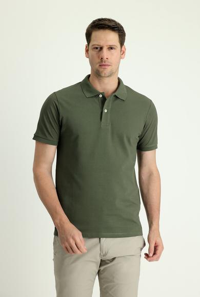 Erkek Giyim - ORTA HAKİ 3X Beden Polo Yaka Slim Fit Nakışlı Tişört