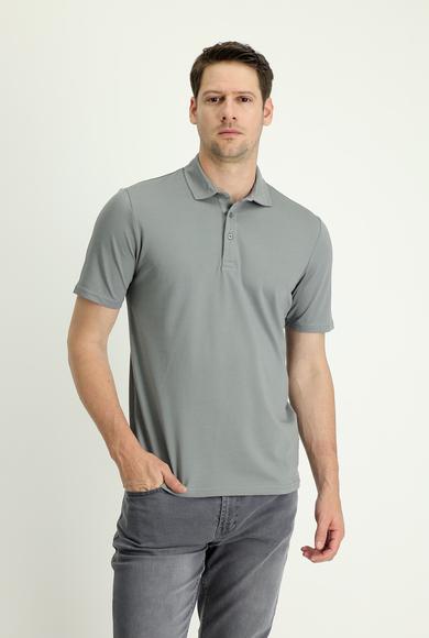 Erkek Giyim - ORTA GRİ 3X Beden Polo Yaka Regular Fit Nakışlı Tişört