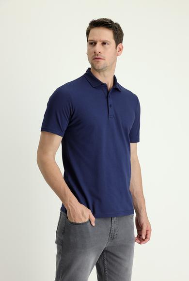 Erkek Giyim - ORTA LACİVERT 3X Beden Polo Yaka Regular Fit Nakışlı Tişört