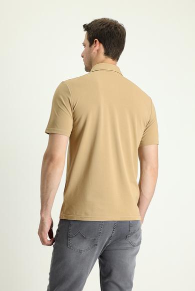 Erkek Giyim - ORTA BEJ XL Beden Polo Yaka Regular Fit Nakışlı Tişört