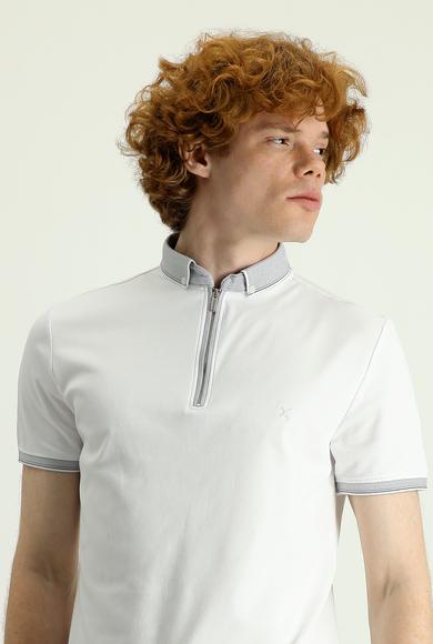 Erkek Giyim - BEYAZ L Beden Polo Yaka Slim Fit Fermuarlı Nakışlı Tişört