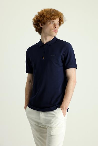 Erkek Giyim - KOYU LACİVERT L Beden Polo Yaka Slim Fit Fermuarlı Baskılı Tişört