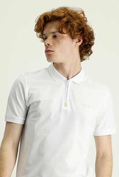 Erkek Giyim - BEYAZ 3X Beden Polo Yaka Slim Fit Fermuarlı Baskılı Tişört