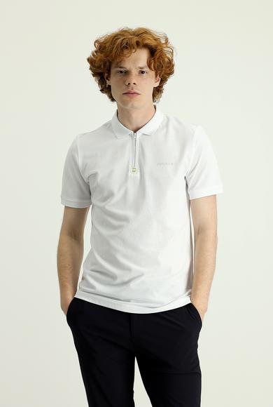 Erkek Giyim - BEYAZ 3X Beden Polo Yaka Slim Fit Fermuarlı Baskılı Tişört