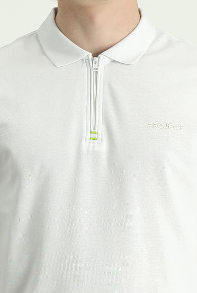 Erkek Giyim - BEYAZ 3X Beden Polo Yaka Slim Fit Fermuarlı Baskılı Tişört