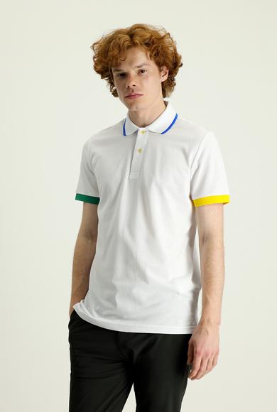 Erkek Giyim - BEYAZ 4X Beden Polo Yaka Slim Fit Desenli Tişört