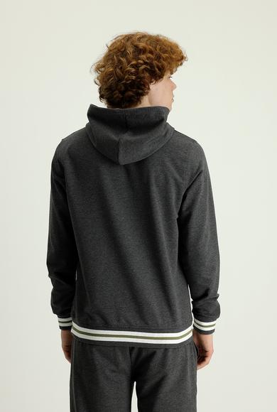 Erkek Giyim - ORTA GRİ M Beden Kapüşonlu Slim Fit Baskılı Sweatshirt