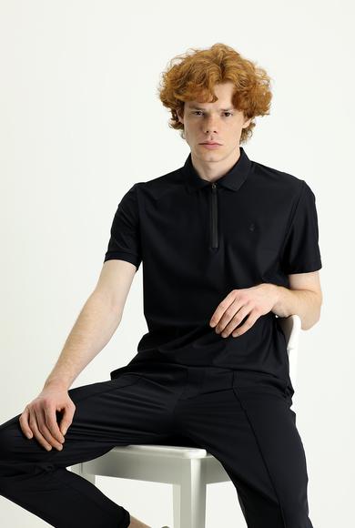 Erkek Giyim - SİYAH XL Beden Techno-Line Polo Yaka Slim Fit Fermuarlı Tişört