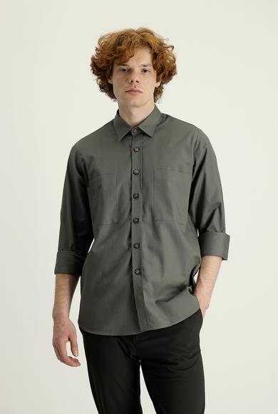Erkek Giyim - AÇIK HAKİ M Beden Uzun Kol Cepli Oversize Gömlek