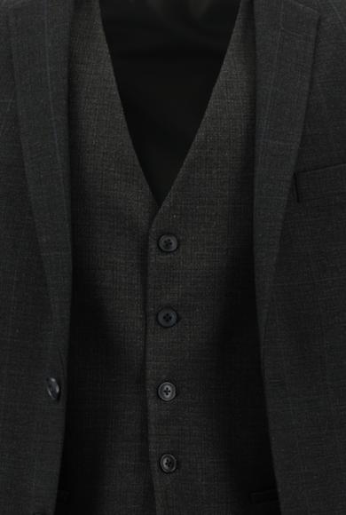 Erkek Giyim - KOYU ANTRASİT 50 Beden Süper Slim Fit Klasik Kareli Yelekli Takım Elbise