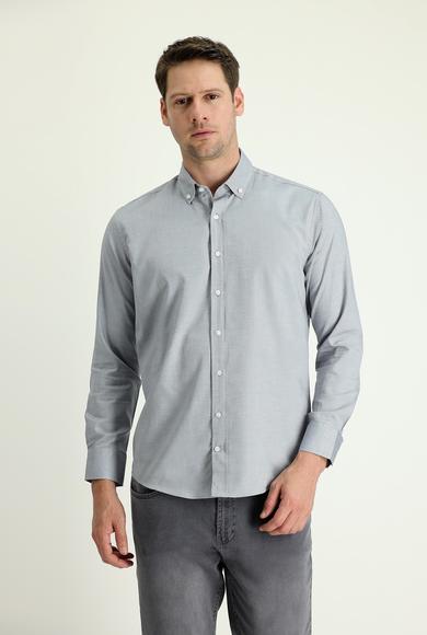 Erkek Giyim - ORTA GRİ XL Beden Uzun Kol Slim Fit Oxford Gömlek