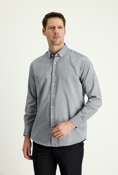 Erkek Giyim - ORTA LACİVERT 3X Beden Uzun Kol Regular Fit Oxford Gömlek