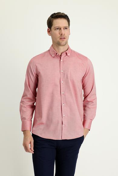 Erkek Giyim - AÇIK KIRMIZI L Beden Uzun Kol Regular Fit Oxford Gömlek
