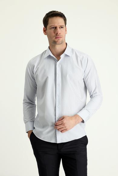 Erkek Giyim - ORTA GRİ L Beden Uzun Kol Slim Fit Çizgili Gömlek