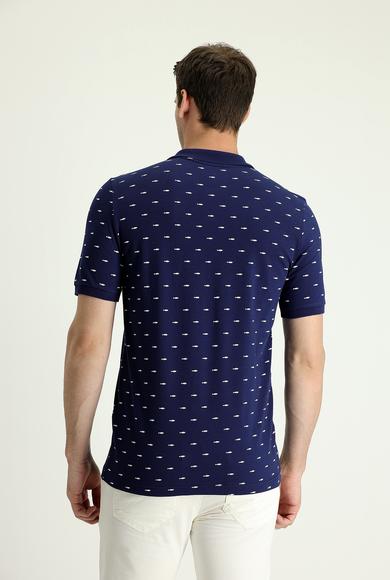 Erkek Giyim - SİYAH LACİVERT L Beden Polo Yaka Slim Fit Desenli Tişört
