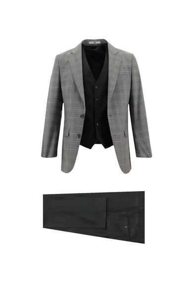 Erkek Giyim - AÇIK FÜME 54 Beden Regular Fit Yünlü Kombinli Yelekli Takım Elbise