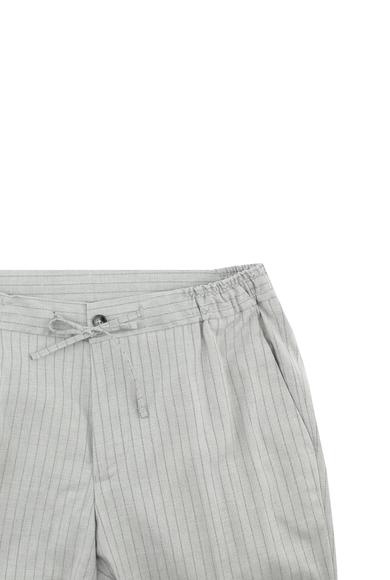Erkek Giyim - ORTA GRİ 46 Beden Slim Fit Kruvaze Beli Lastikli İpli Çizgili Keten Takım Elbise