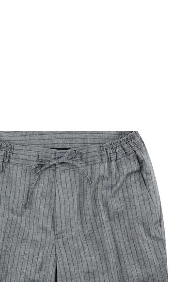 Erkek Giyim - ORTA LACİVERT 48 Beden Slim Fit Kruvaze Beli Lastikli İpli Çizgili Keten Takım Elbise