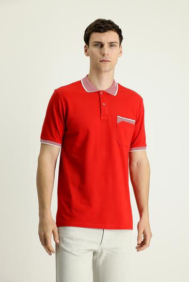 Erkek Giyim - BAYRAK KIRMIZI 4X Beden Polo Yaka Regular Fit Desenli Tişört