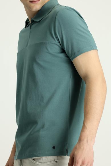 Erkek Giyim - KÜF YEŞİLİ L Beden Polo Yaka Slim Fit Fermuarlı Tişört