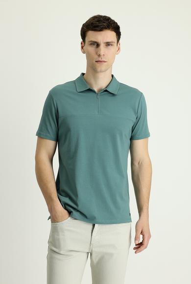 Erkek Giyim - KÜF YEŞİLİ L Beden Polo Yaka Slim Fit Fermuarlı Tişört