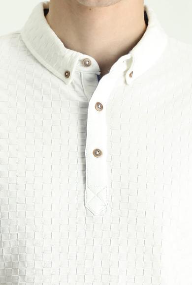 Erkek Giyim - KIRIK BEYAZ L Beden Polo Yaka Slim Fit Deseni Tişört