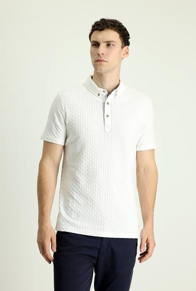 Erkek Giyim - KIRIK BEYAZ L Beden Polo Yaka Slim Fit Desenli Tişört