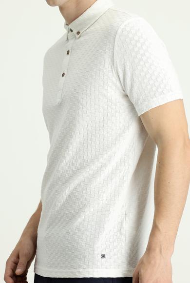 Erkek Giyim - KIRIK BEYAZ L Beden Polo Yaka Slim Fit Desenli Tişört