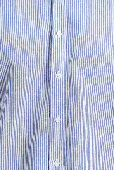 Erkek Giyim - ORTA LACİVERT L Beden Kısa Kol Regular Fit Çizgili Keten Gömlek