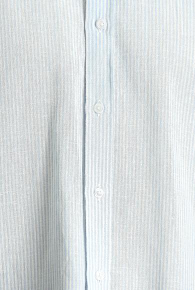 Erkek Giyim - AÇIK MAVİ L Beden Kısa Kol Regular Fit Çizgili Keten Gömlek
